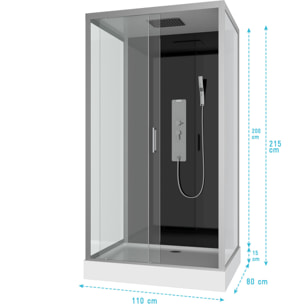 Cabine de douche Hydromassante 110x80x215 cm - Fond Noir et Profilés Gris - BLACK STYLE