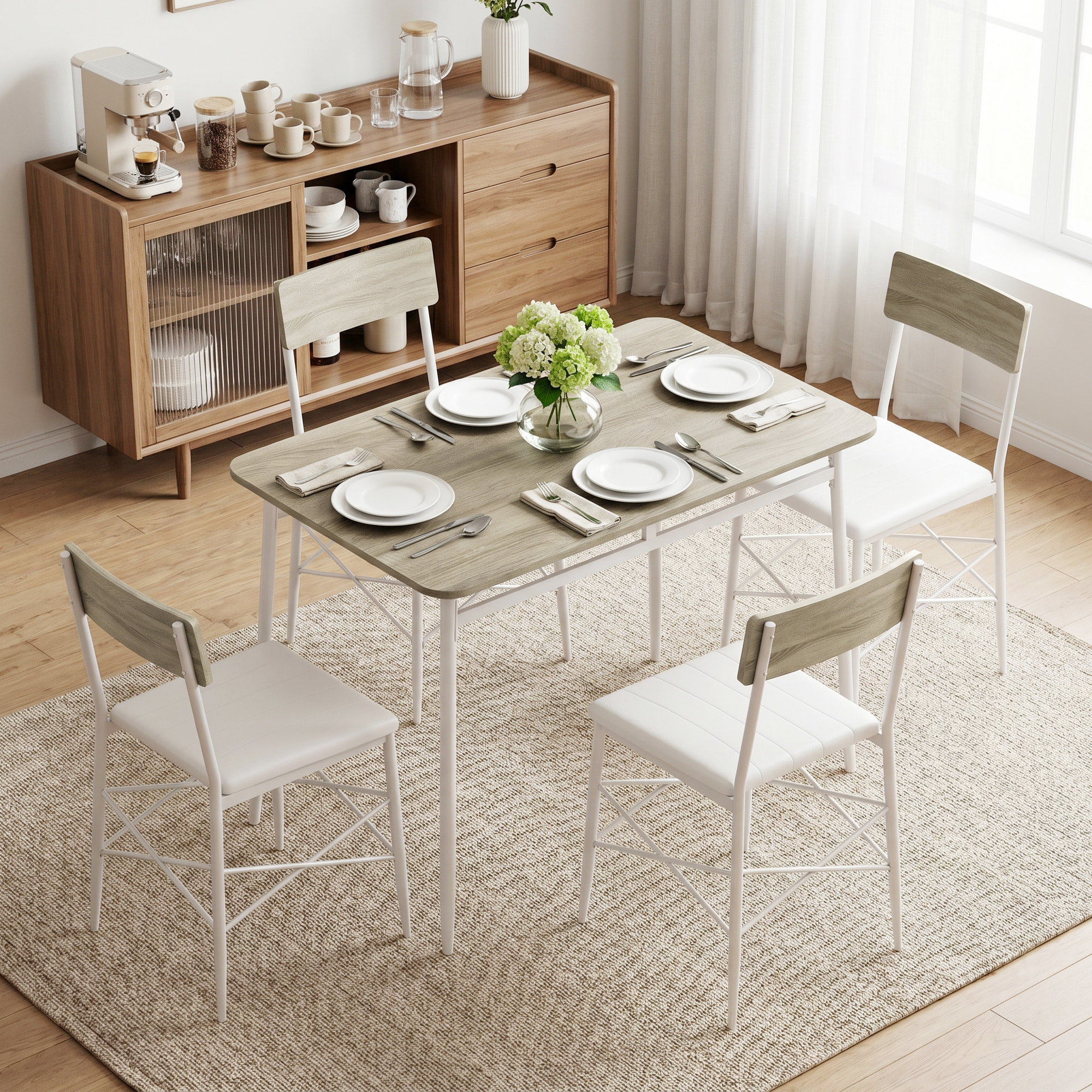 HOMCOM Juego de Mesa y Sillas de Comedor 5 Piezas, Mesa de Cocina Rectangular con 4 Sillas Acolchadas, Estilo Moderno, Marco Metálico, para Espacios Pequeños, Salón, 106x66x75 cm, Roble y Blanco