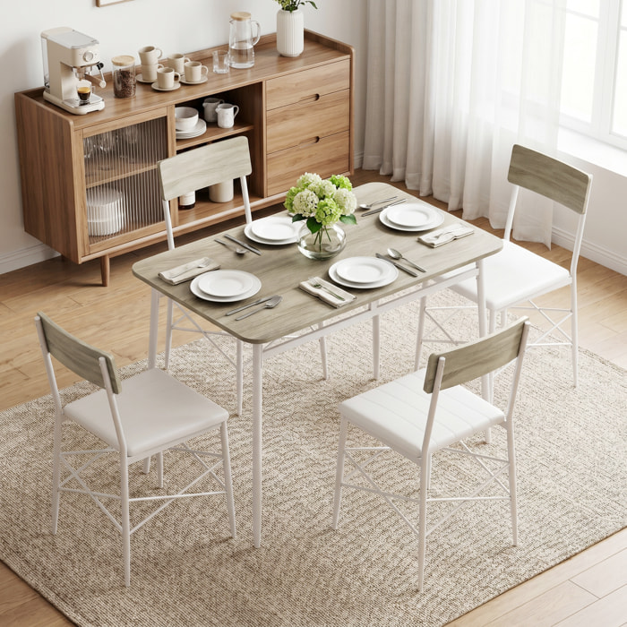 HOMCOM Juego de Mesa y Sillas de Comedor 5 Piezas, Mesa de Cocina Rectangular con 4 Sillas Acolchadas, Estilo Moderno, Marco Metálico, para Espacios Pequeños, Salón, 106x66x75 cm, Roble y Blanco
