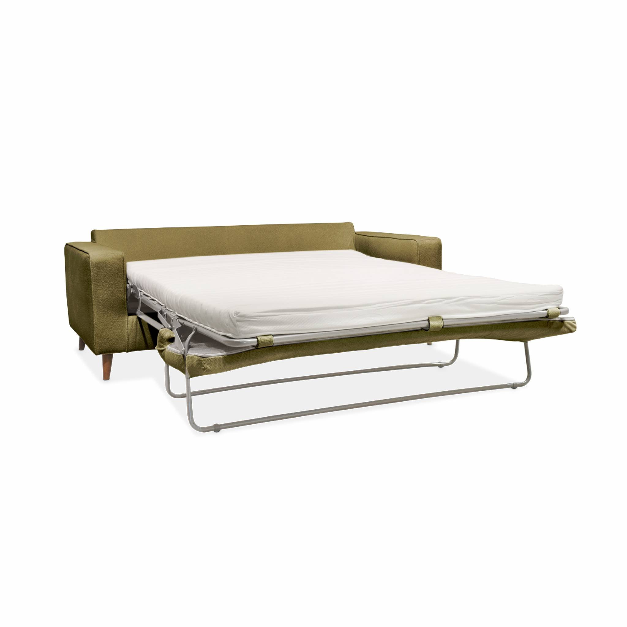 Canapé lit 3 places vert olive avec matelas 12cm d'épaisseur. fabriqué en France