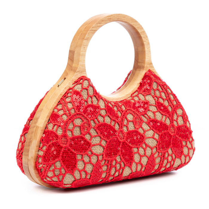 Avisio borsa a mano realizzata in legno naturale, cotone e juta con design in rete di tessuto floreale