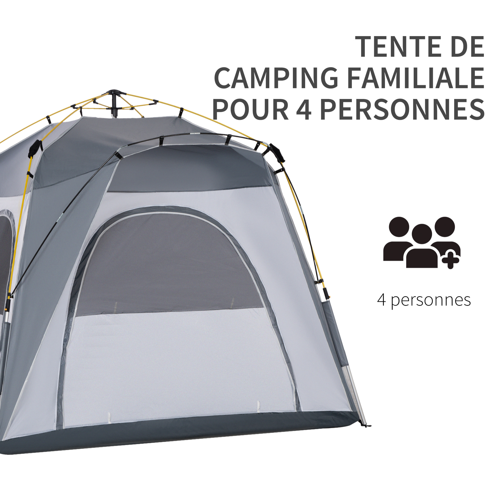 Tente de camping familiale 4 personnes montage instantanée pop-up 4 fenêtres pare-soleil dim. 2,4L x 2,4l x 1,95H m fibre verre polyester gris