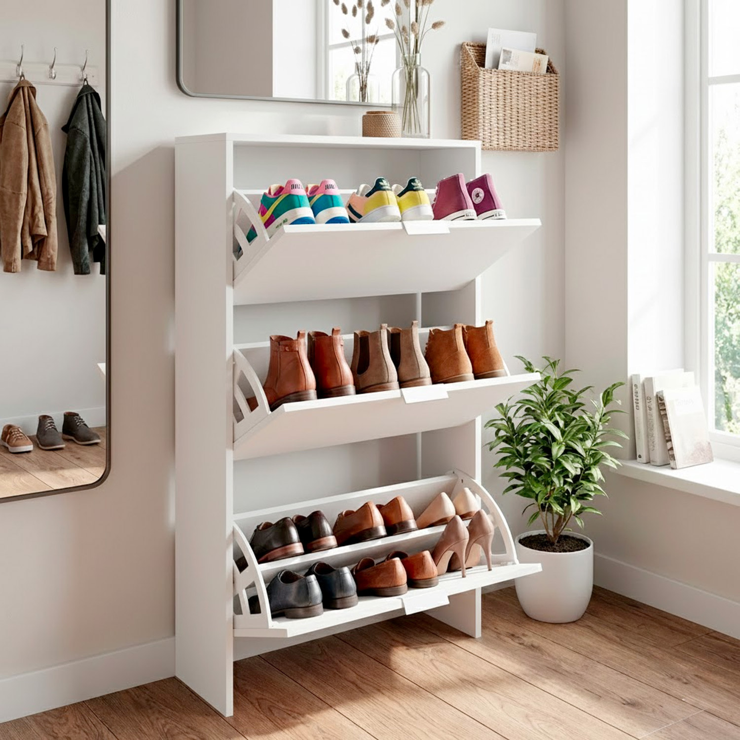 Scarpiera A Ribalta Salvaspazio 3 Ante E 6 Ripiani Mobile Portascarpe Fino A 20 Paia Di Scarpe Ingresso Corridoio Retro Porta 113 x 60 x 22 Cm Bianco