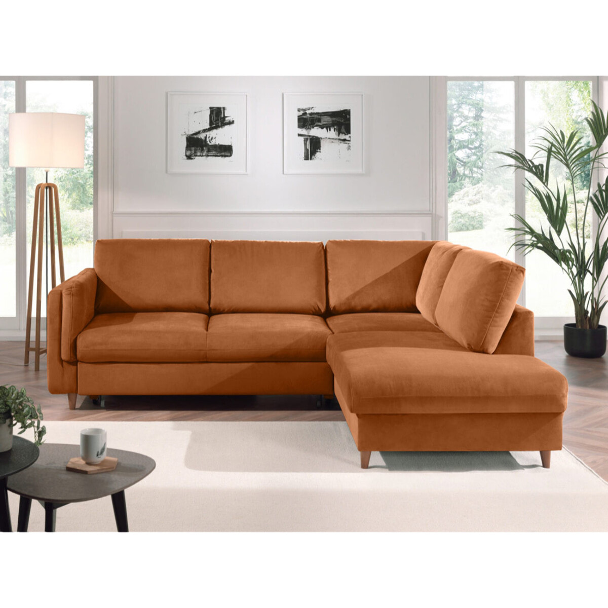 Brooke - canapé d'angle droit - convertible - 5 places - en velours - Rouille