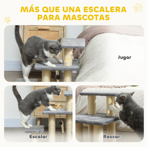 Escalera para Gatos de 3 Peldaños, Escalera para Mascotas, Estructura Ajustable, con Postes Rascadores, Bola Colgante, Carga 10 kg, para Cama, Sofá, 52x34,5x54 cm, Gris