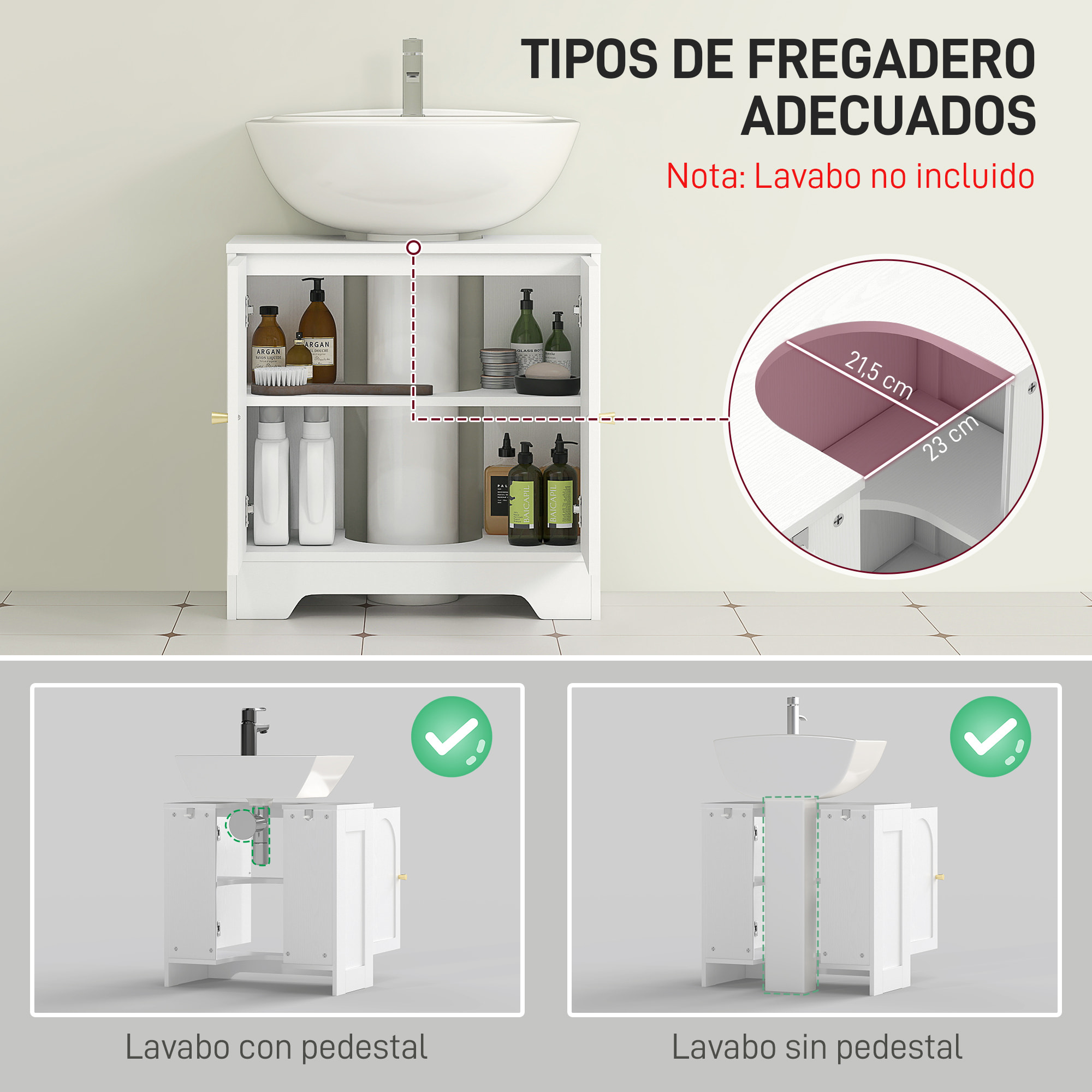 Mueble bajo Lavabo Mueble de Baño con 2 Puertas con Diseño de Arco Estante Ajustable Tiradores Dorados para Lavabo con o sin Pedestal 60x30x65 cm Blanco