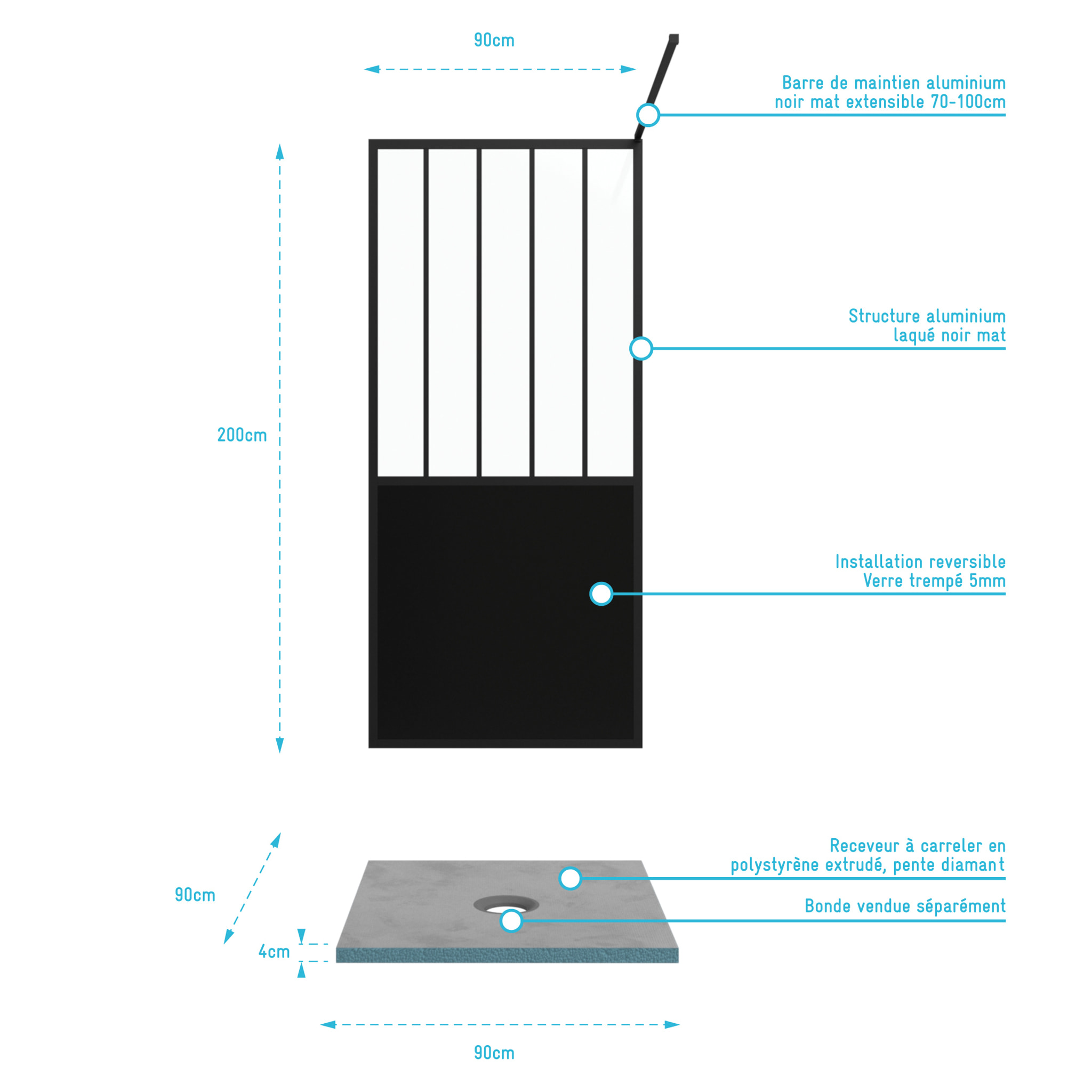 Pack Paroi de douche 90x200 cm noir mat + Receveur haut a poser 90X90cm - blanc effet pierre