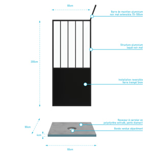 Pack Paroi de douche 90x200 cm noir mat + Receveur haut a poser 90X90cm - blanc effet pierre