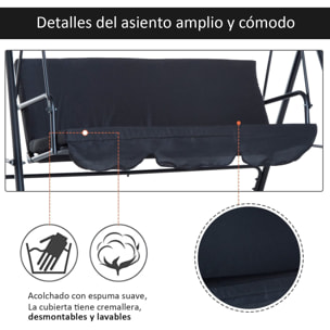Columpio de Jardín de 3 Plazas Silla Balancín con Parasol Techo Ajustable en Ángulo Impermeable para Exterior Terraza Balcón Carga Máx. 200 kg Acero 172x110x153 cm Negro