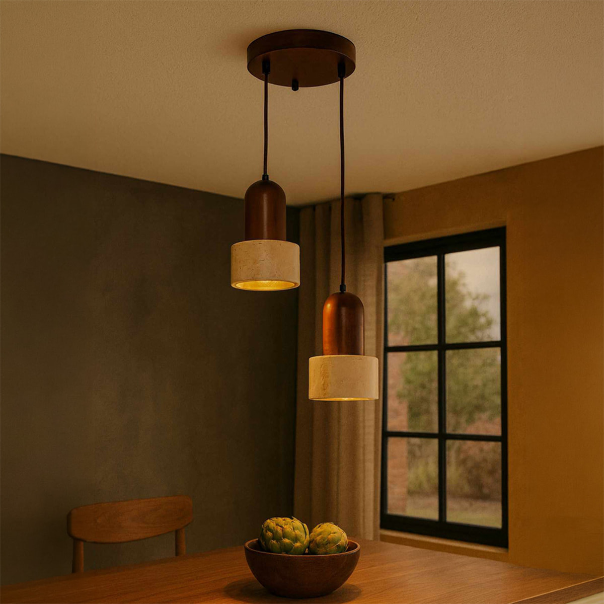 Suspension design 2 spots en travertin et effet bois noyer TIVOLI