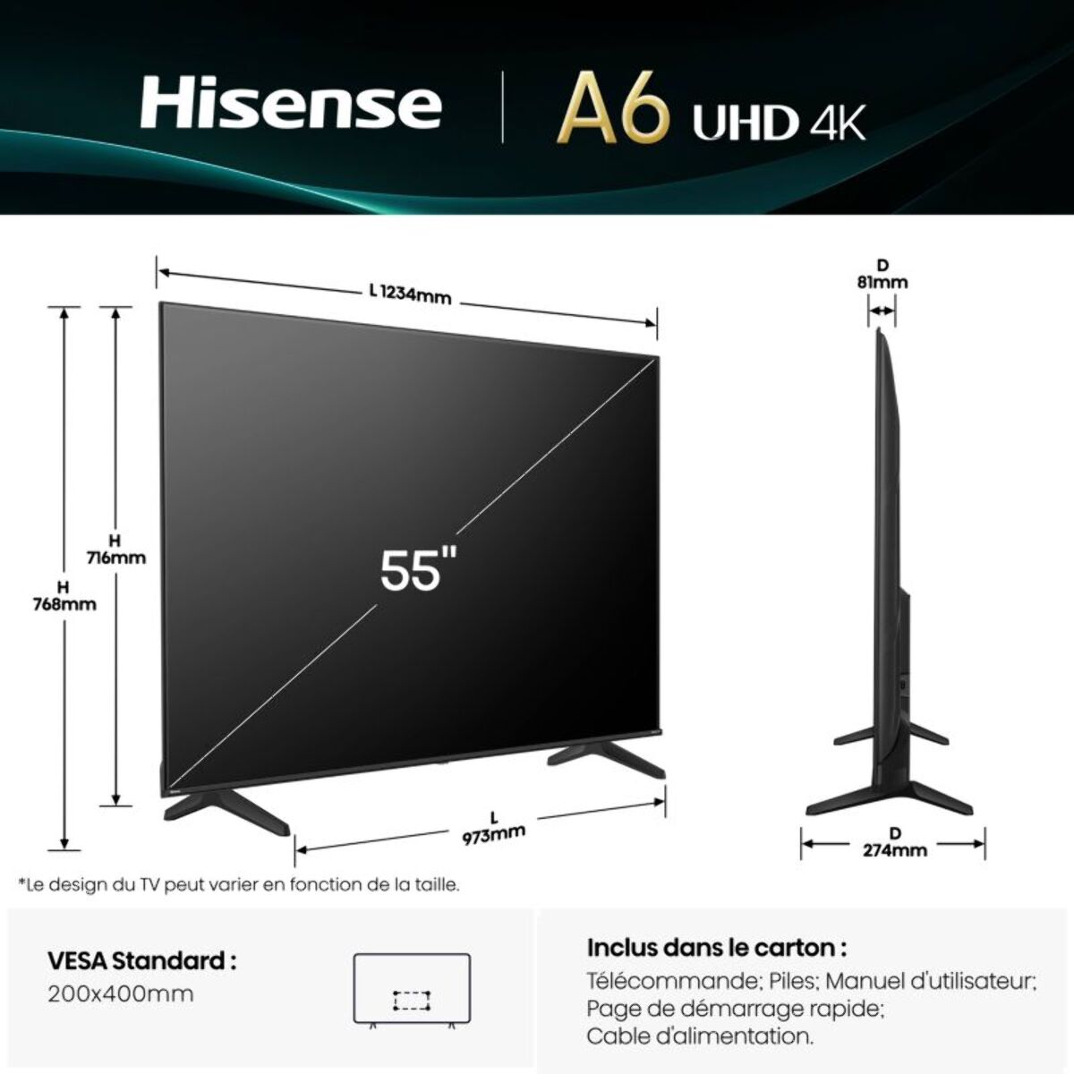TV LED HISENSE 55A6Q 2025-55 pouces (139cm)