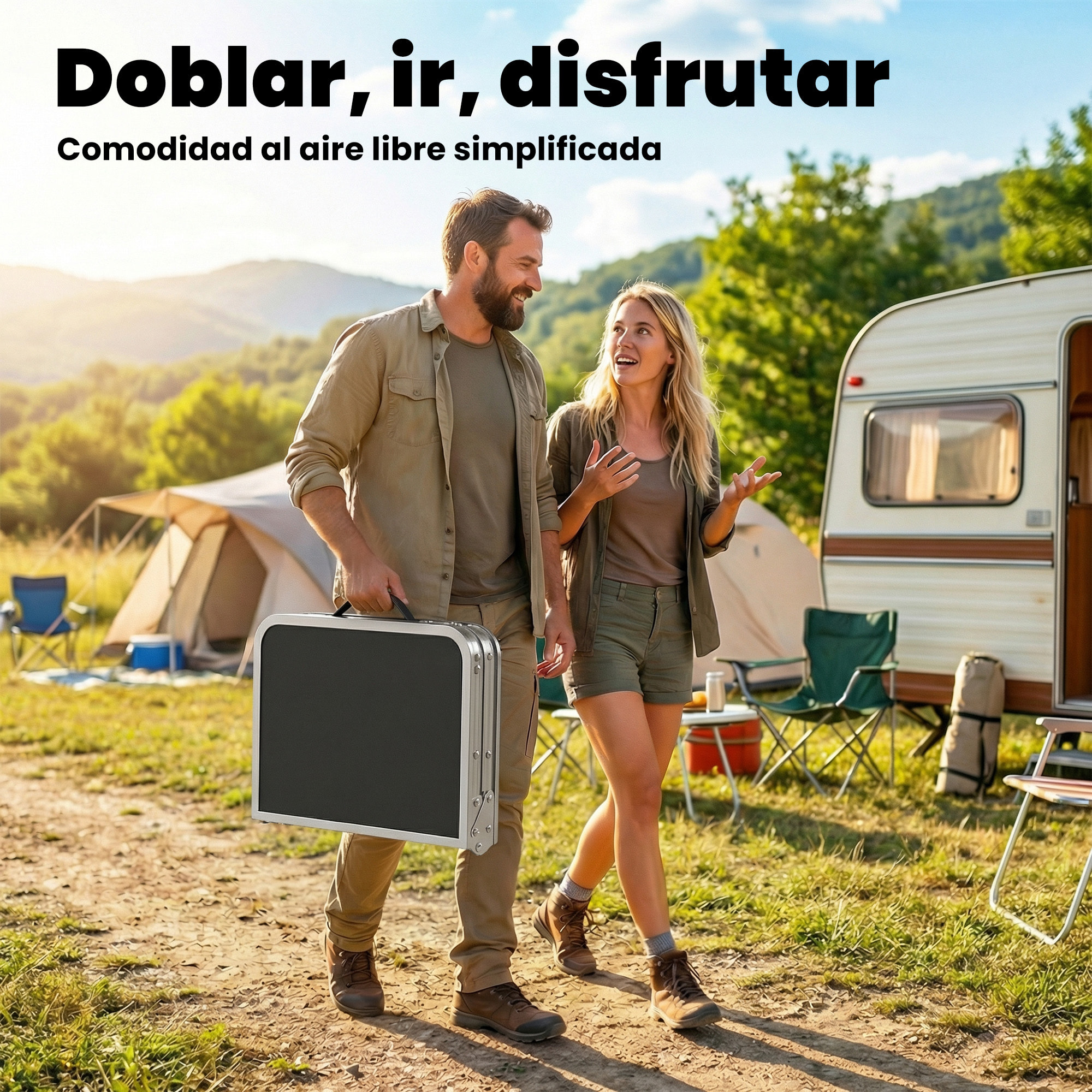 Mesa Plegable Camping, 60x40x60 cm, Mesa Plegable Portátil con Altura Ajustable en 4 Niveles, Red de Almacenamiento, Marco de Aluminio, para Acampar, Senderismo, Playa, Negro