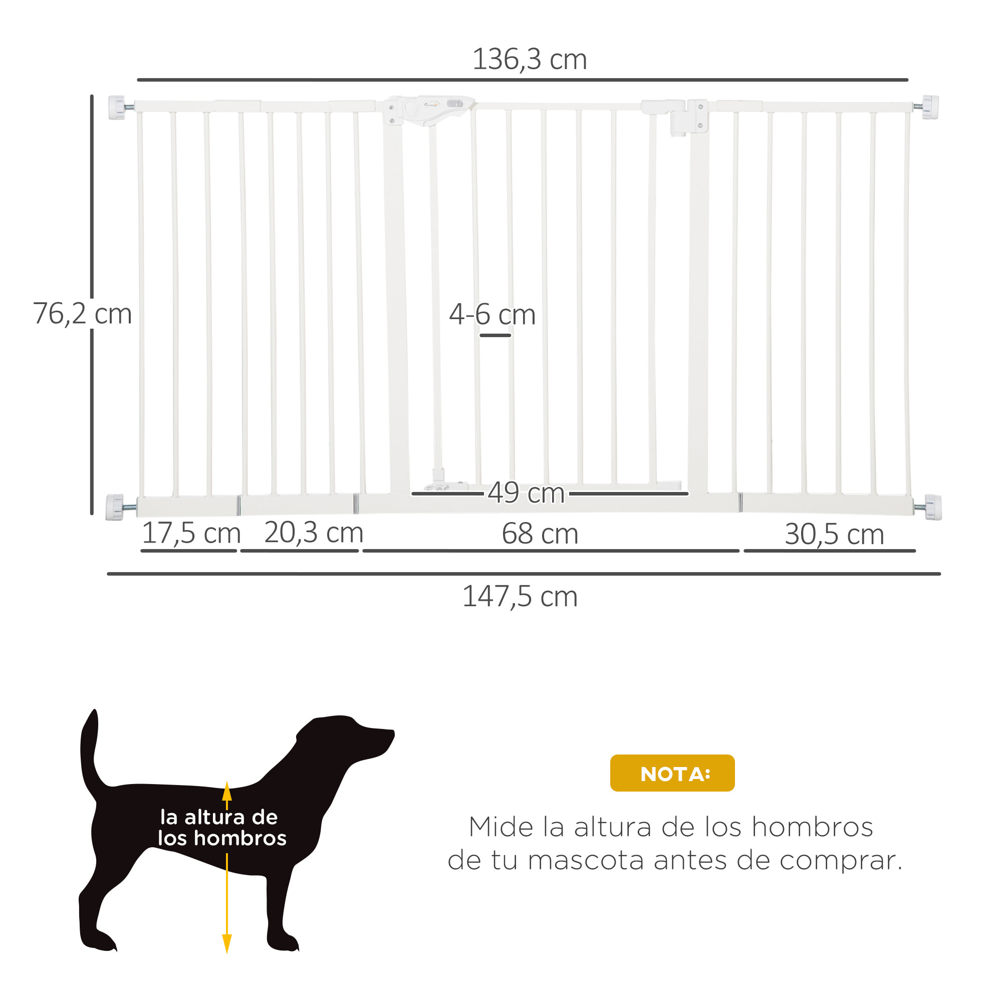 Barrera de Seguridad Extensible para Puertas y Escaleras Barrera para Perros con Cierre Automático y Sistema de Doble Bloqueo Metal 74-147,5x76,2 cm Blanco