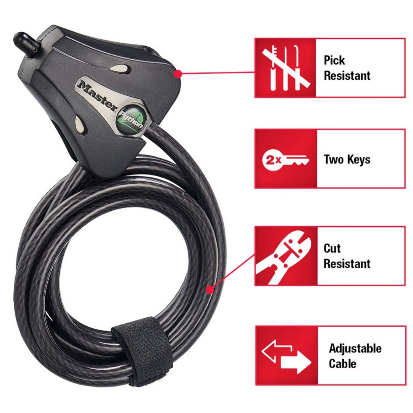 Câble de verrouillage ajustable Python™ MASTERLOCK L 1,8 m x Ø8 mm - Noir - 8418EURD