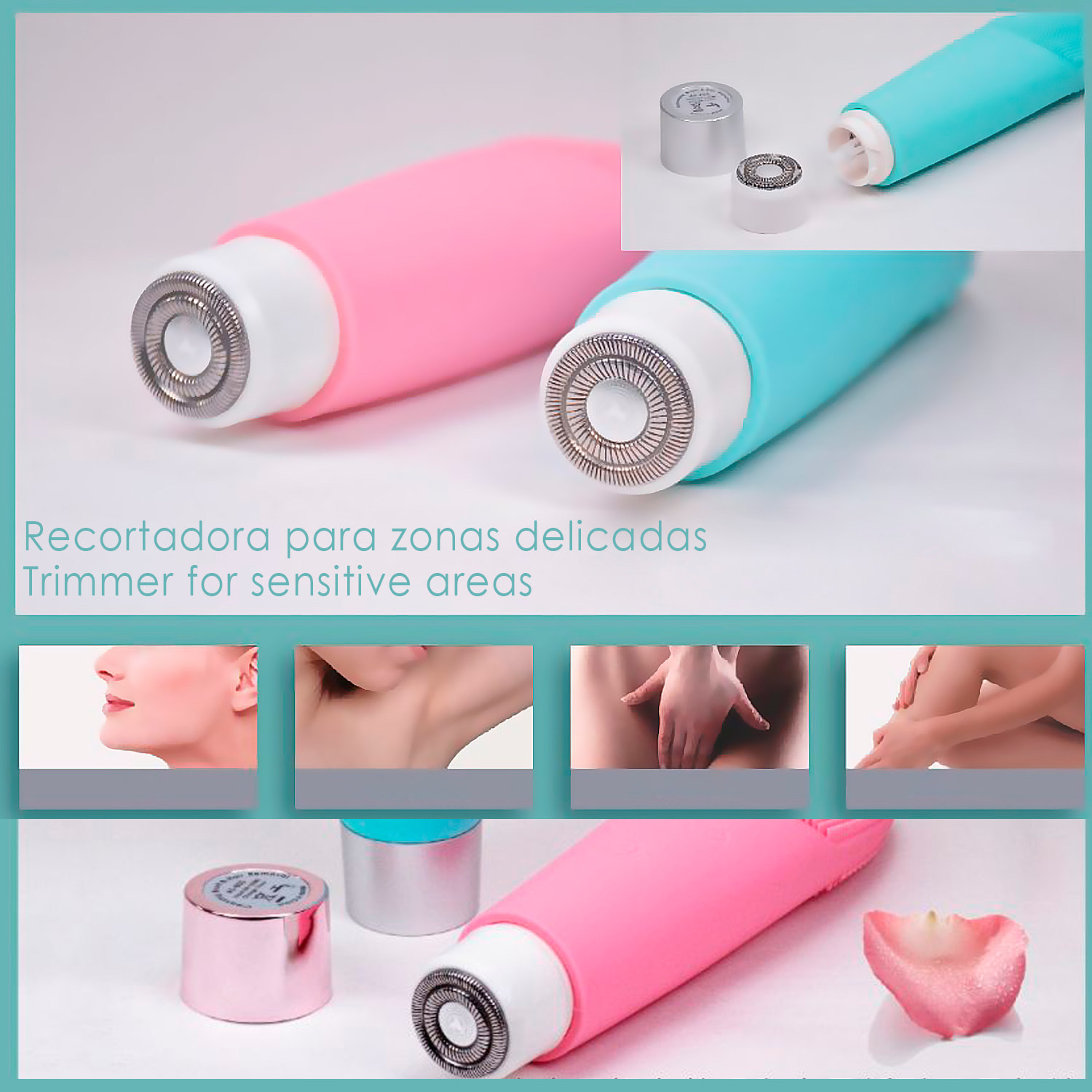 DAM Cepillo eléctrico de silicona para limpieza facial, masajeador y afeitadora para zonas delicadas. 4x3,5x15,5 Cm. Color: Rosa Claro