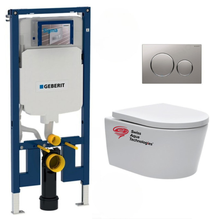 Pack WC sans bride SAT, fixations invisibles + Abattant softclose + Bâti Geberit Extra-plat UP720 + Plaque Chrome mat/brillant