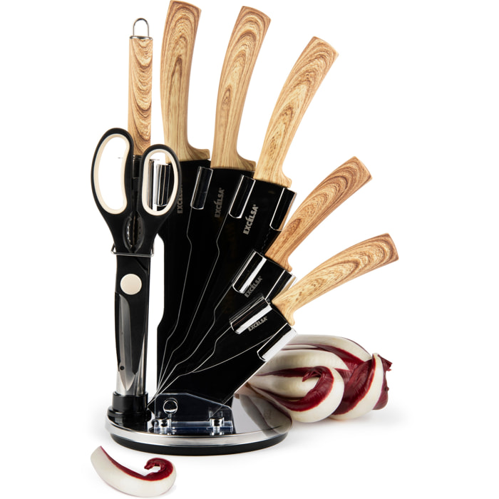 Ceppo Coltelli pz.8 Excelsa – Black Wood, Acciaio Multicolore