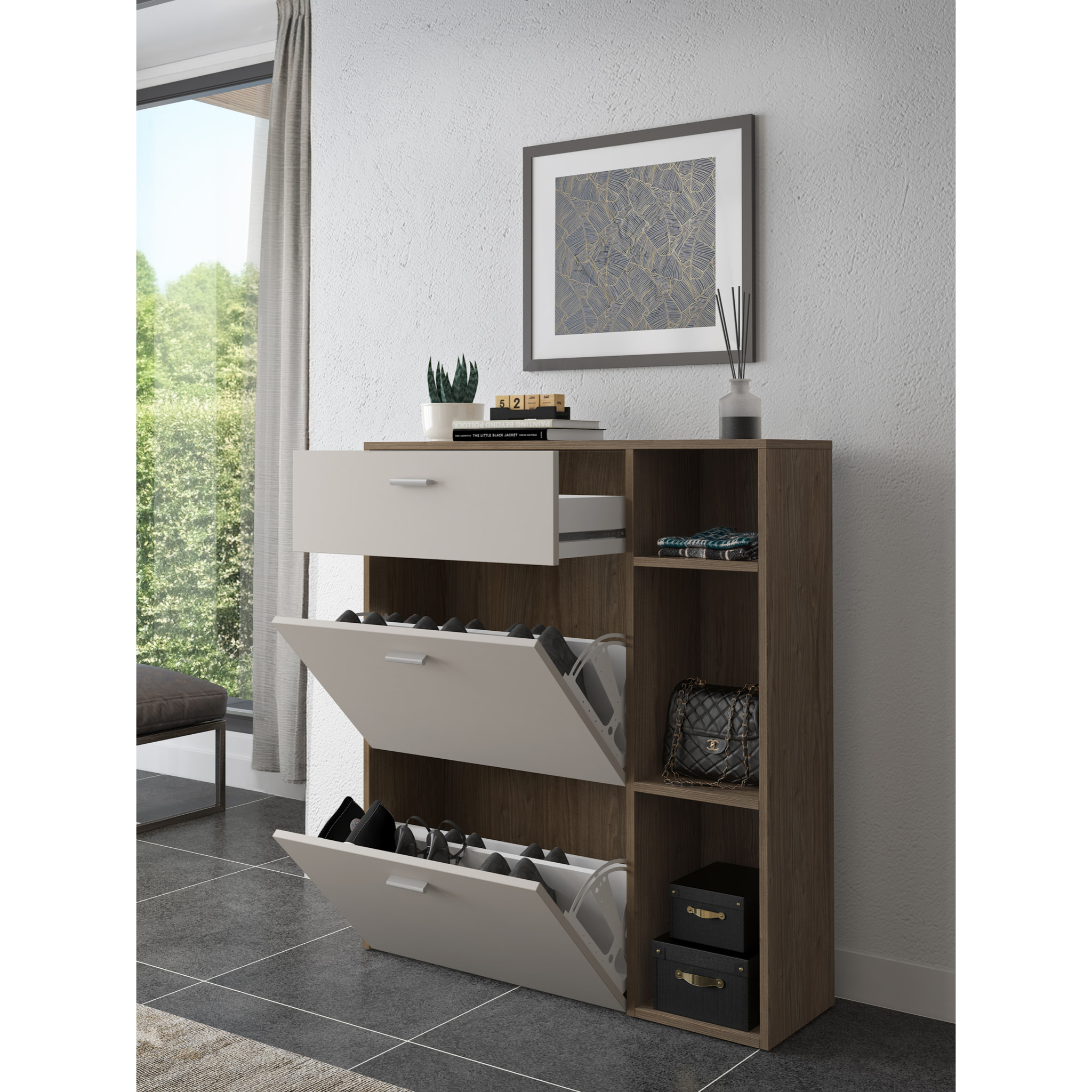 Scarpiera Mobile Portascarpe Salvaspazio Ingresso Con 2 Ribalte Doppia Profondità 1 Cassetto 3 Vani A Giorno 90x101.5x26 Cm Bianco Noce