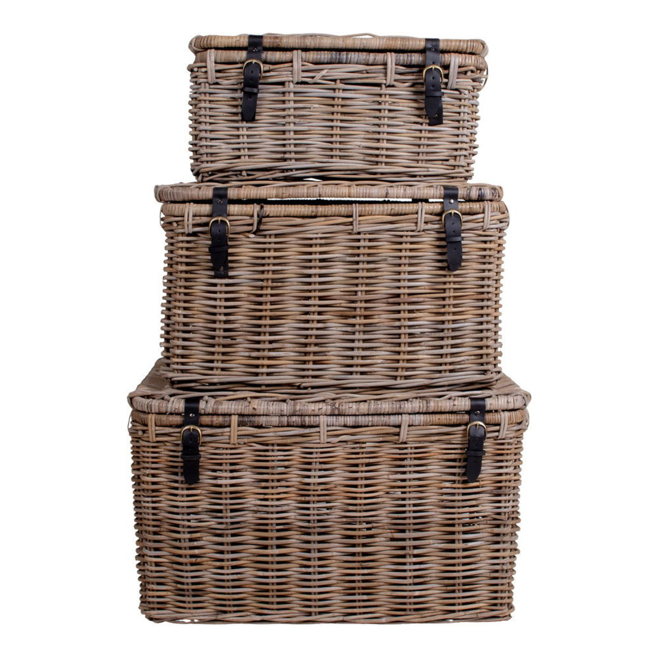 Set 3 bauli portaoggetti Depok in rattan kubu grigio con manici in pelle