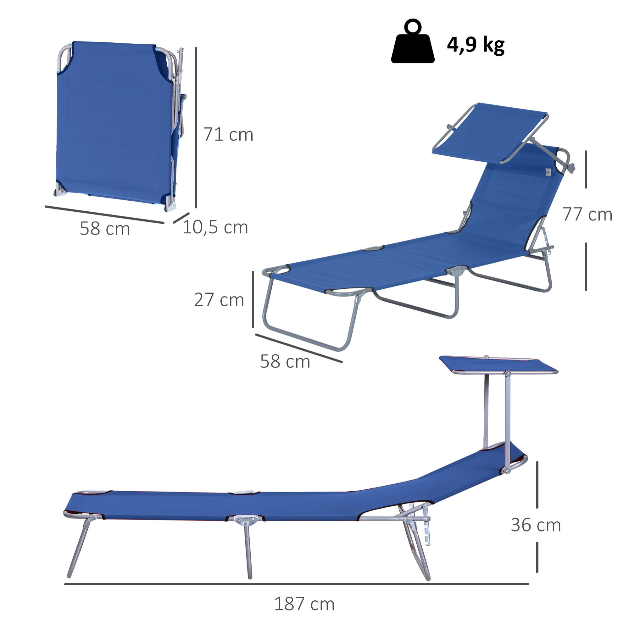 Tumbona Plegable Tumbona de Jardín Exterior Reclinable con Toldo Desmontable con Ángulo Regulable Respaldo Ajustable en 4 Niveles para Terraza Piscina Patio 187x58x36 cm Azul