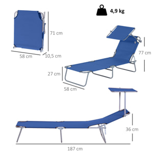Tumbona Plegable Tumbona de Jardín Exterior Reclinable con Toldo Desmontable con Ángulo Regulable Respaldo Ajustable en 4 Niveles para Terraza Piscina Patio 187x58x36 cm Azul