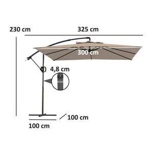 Parasol déporté carré 3 x 3 m réglable piètement croix manivelle tissu haute densité 180g/m² UPF50+ kaki