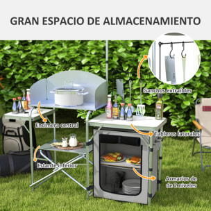 Mueble de Cocina para Camping Armario para Camping Plegable con Mesas Estantes Poste de Luz Elevable y Bolsa de Transporte para Acampada Picnic 144x48x119 cm Plata y Gris Claro