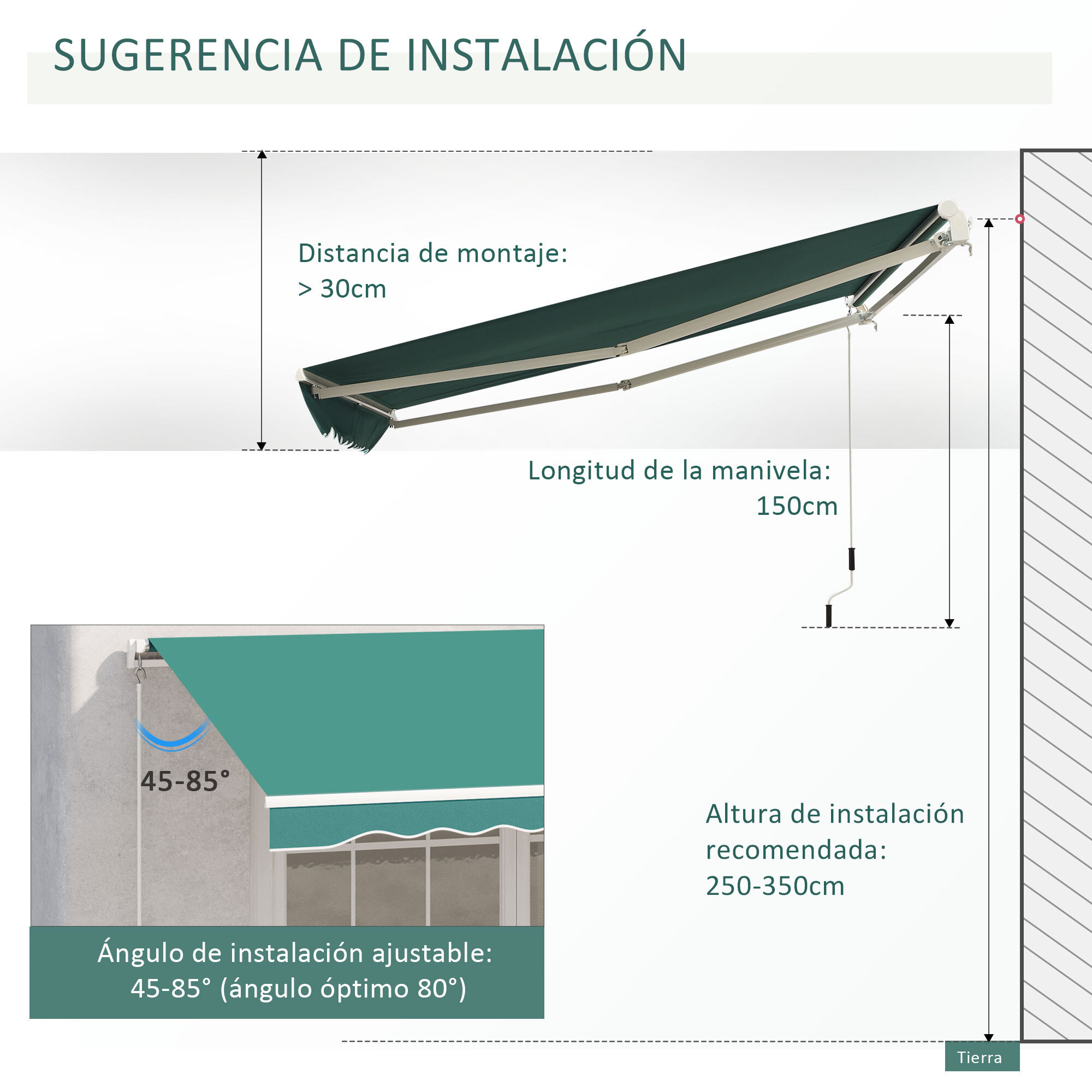 Toldo con Brazo de Aluminio Poliéster y Acero 4x2,5m Verde