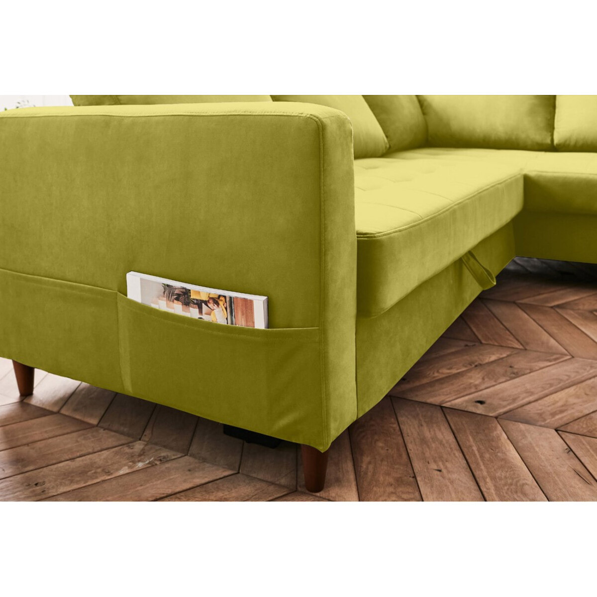 Anna - canapé d'angle droit - 5 places - convertible - en velours - Vert Olive