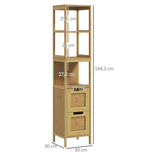 Meuble colonne rangement salle de bain style cosy dim. 30L x 30l x 144H cm 3 étagères 2 tiroirs bambou MDF aspect bois clair