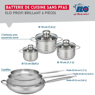 Ensemble de 3 Poêles de cuisson 24, 28 et 32 cm et 3 faitouts 12, 14 et 16 cm Elo Profi Brillant