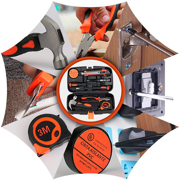 Set di strumenti domestici con valigia di trasporto e 9 pezzi.