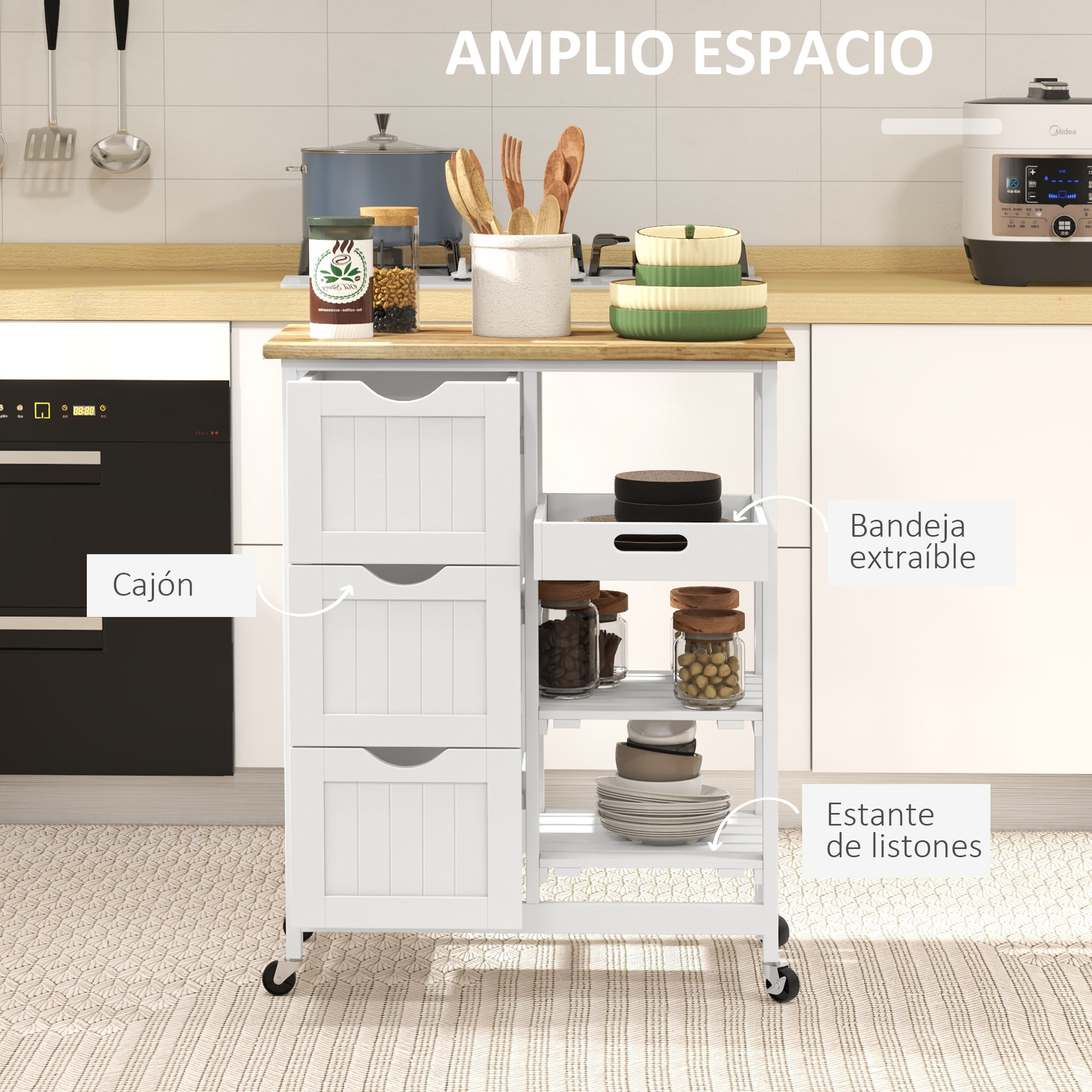 Carro de Cocina Carrito Auxiliar con Ruedas Carrito Verdulero con Tablero de Madera 3 Cajones 2 Estantes Abiertos y Bandeja Extraíble para Comedor Salón 67x37x85,5 cm Blanco