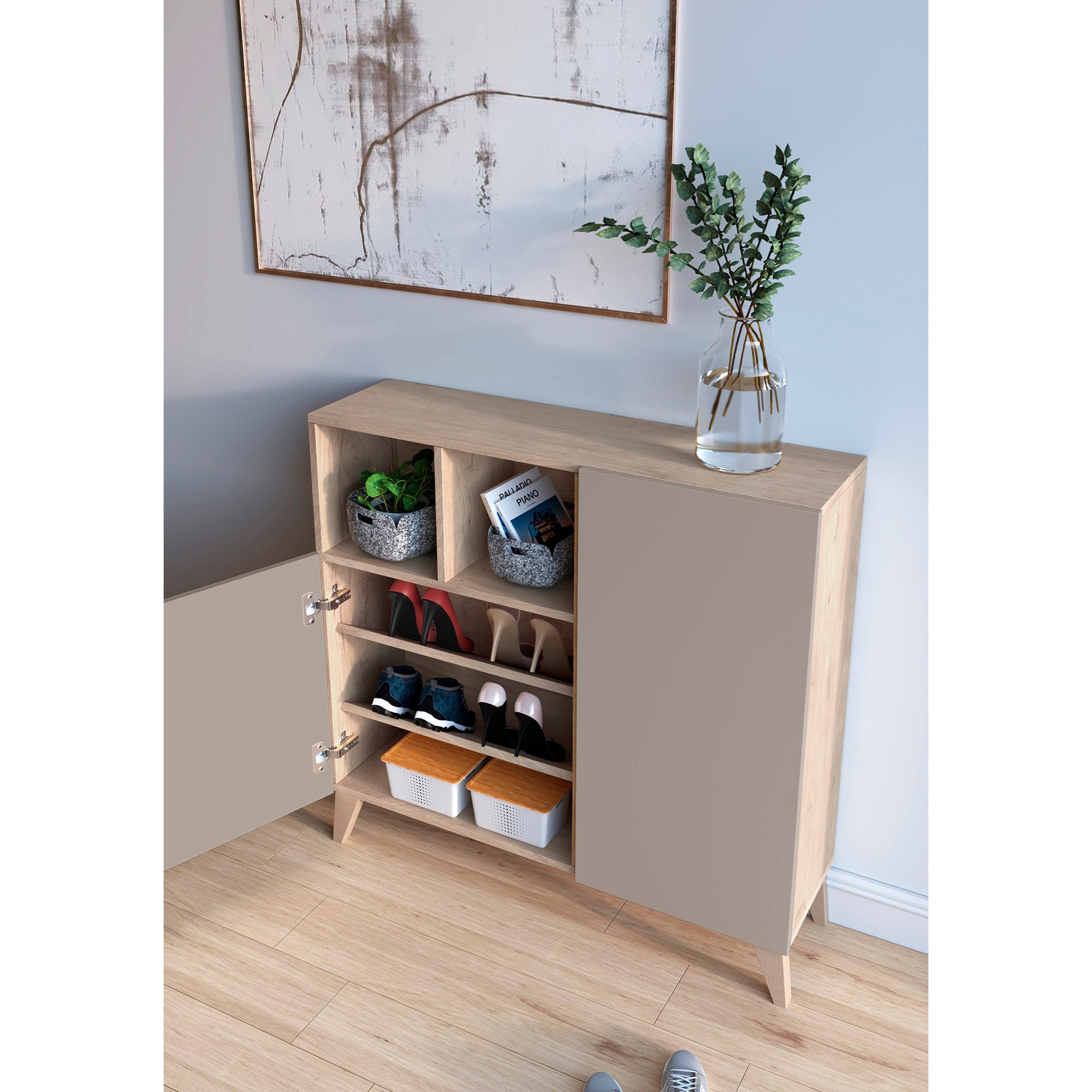 Zapatero Oslo melamina roble claro puertas arena 87x90x27 cm