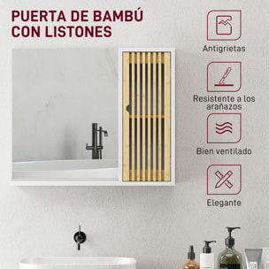 Espejo de Baño 60x50 cm, Espejo de Pared con Puerta de Listones de Bambú, Estantes de Almacenaje, Blanco y Natural