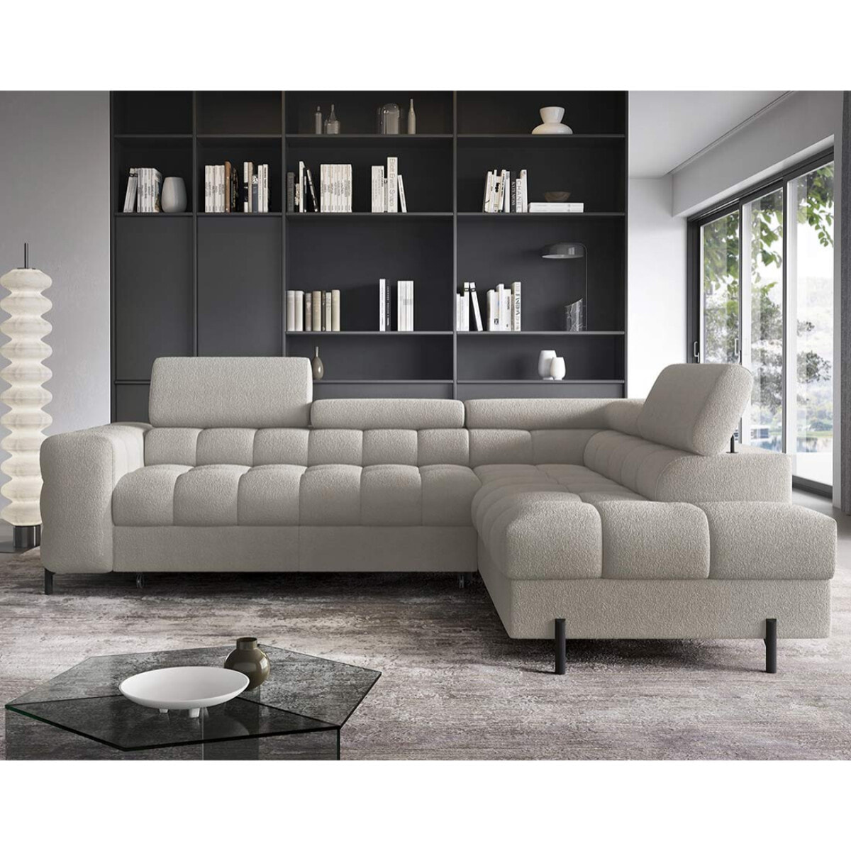 Elisa - canapé d'angle droit 5 places convertible avec coffre et têtières réglables en tissu bouclette - Taupe