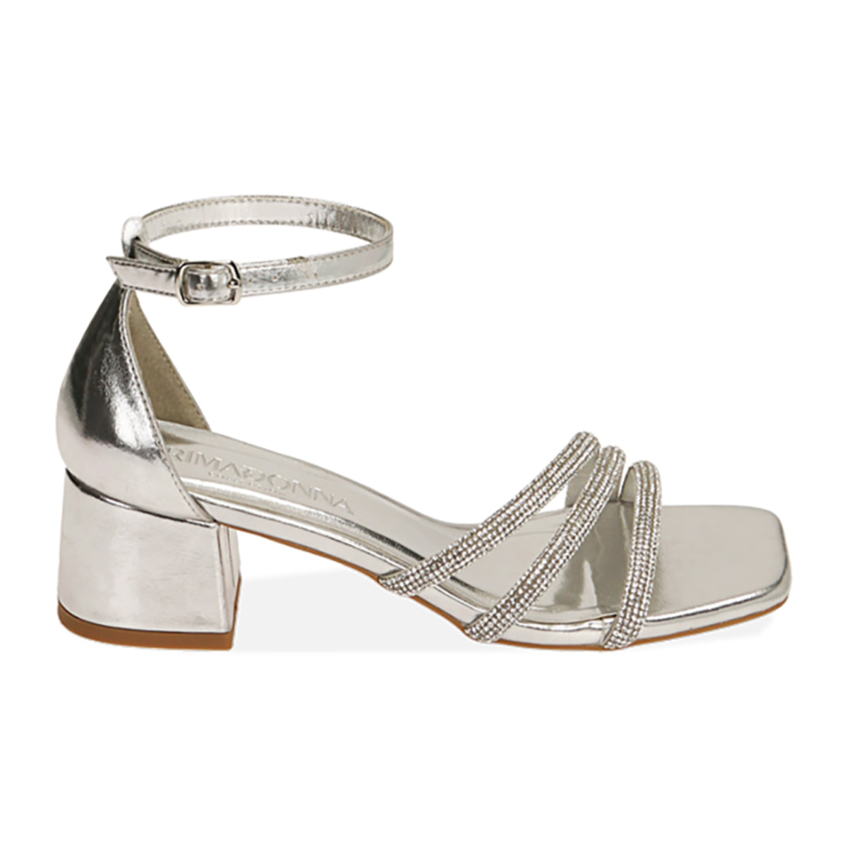 Sandalias plateadas, tacón de 5 cm