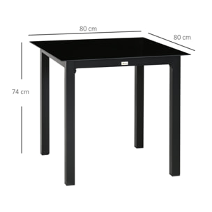 Table de jardin carrée 4 personnes dim. 80L x 80l x 74H cm alu. plateau verre trempé noir