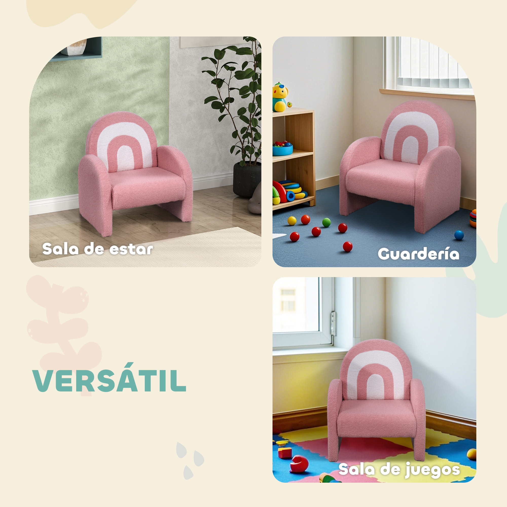 Sillón Infantil con Respaldo en Forma de Arcoíris Sofá para Niños de 18-96 Meses Tejido Suave de Borreguito Reposabrazos Carga 45 kg Rosa