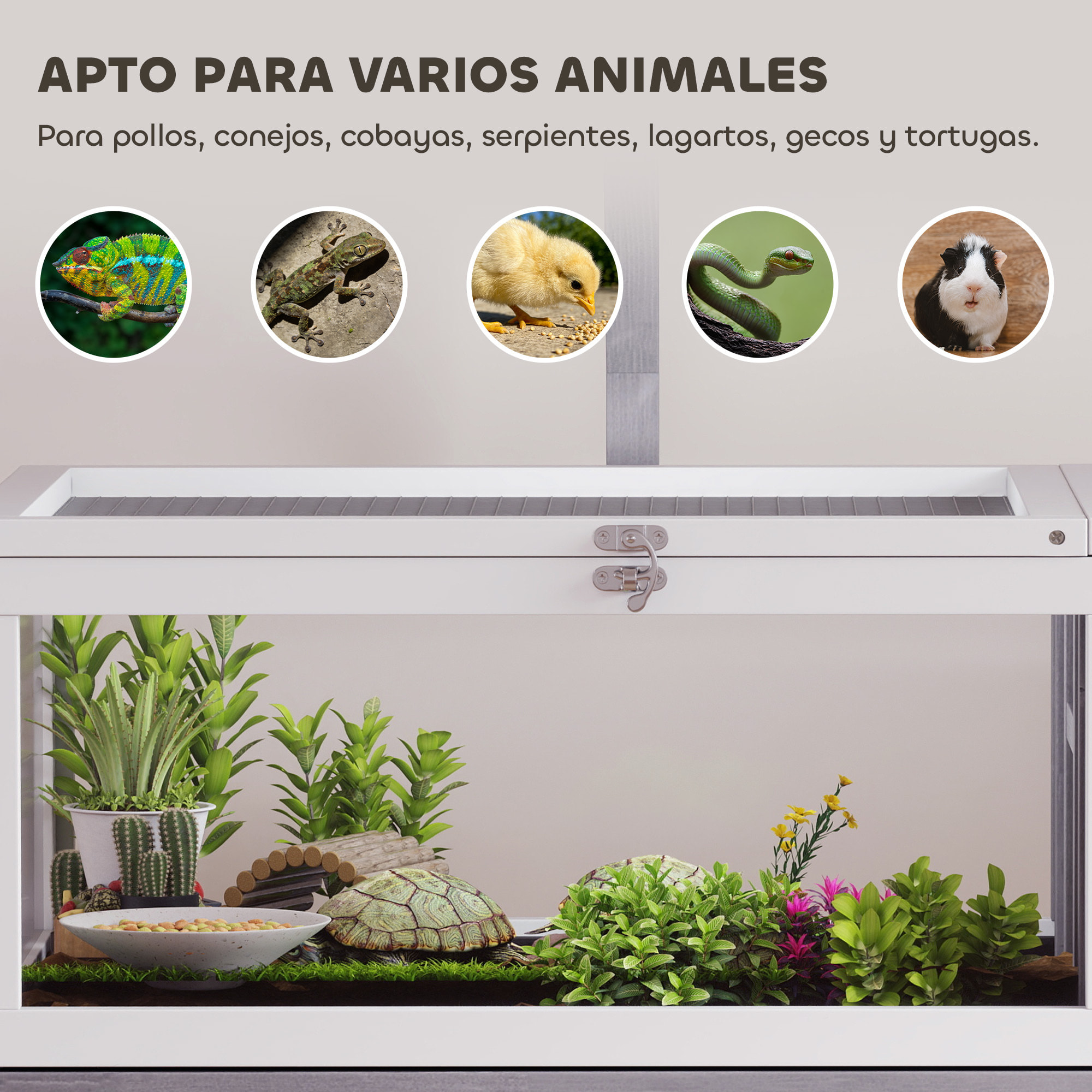 Casa para Tortugas de Madera, Terrario para Reptiles con 2 Techos Abatibles, Bandeja Extraíble, Soporte para Lámpara, Paneles Transparentes, Pestillo de Seguridad y Cuenco, Caseta para Tortugas