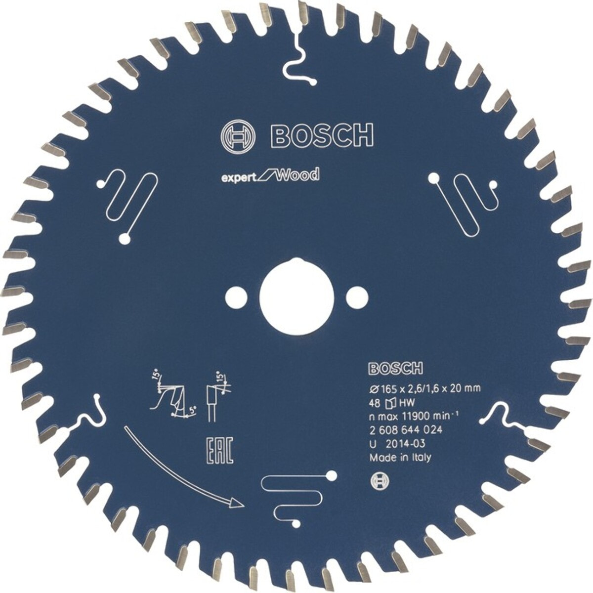 Lame de scie circulaire BOSCH expert Wood Ø165 MM - 2608644024 EP.2.6 AL.20 Z.48 ALT