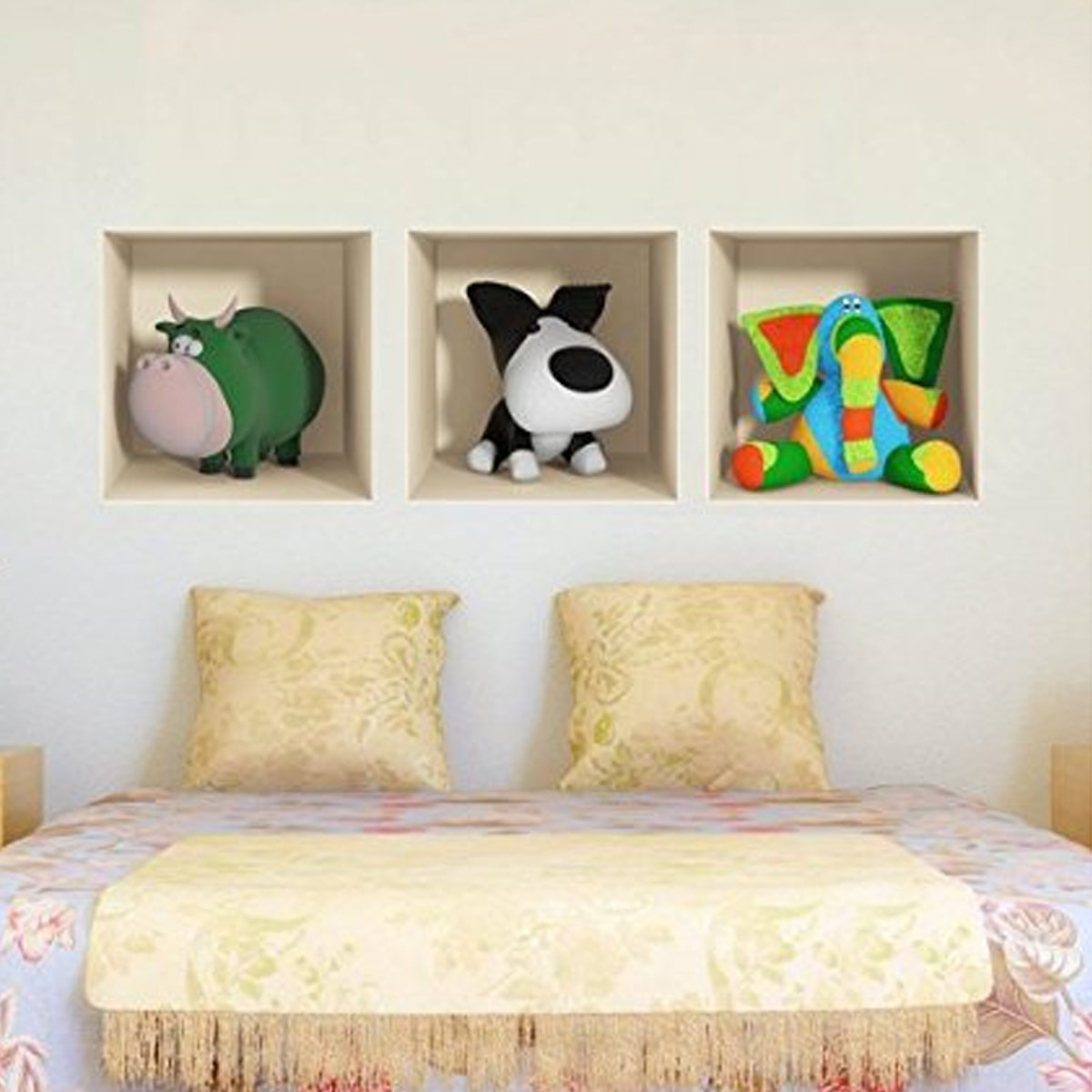 Stickers muraux 3D | Sticker Mural Autocollant effet 3D jouets Vache, chien et éléphant - Stickers adhésifs 3D Chambre Salon Trompe l'oeil