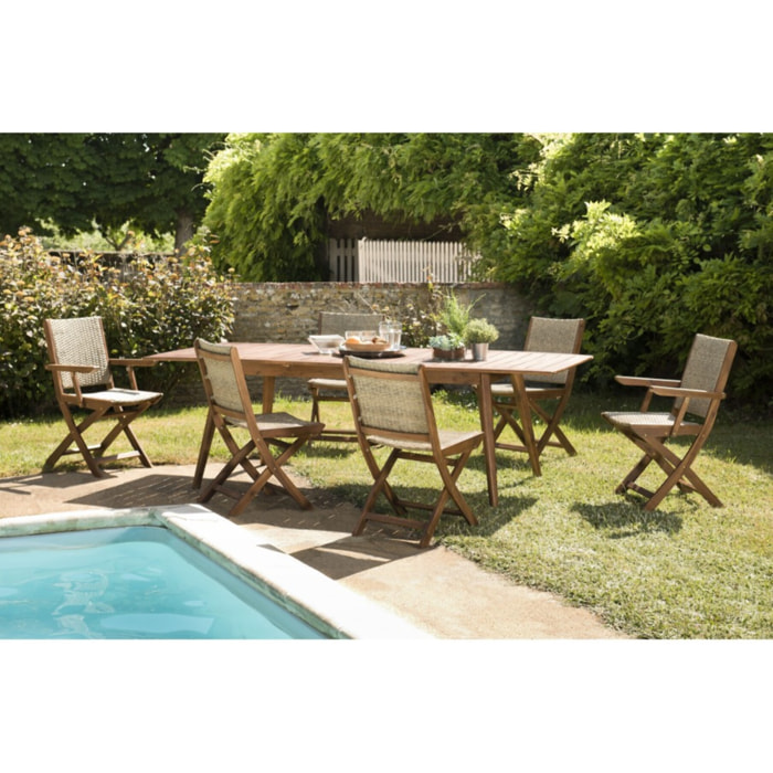 VICK - SALON DE JARDIN EN BOIS 8/10 pers 1 Table rect. extensible - 4 chaises 2 fauteuils pliants et rotin synthétique