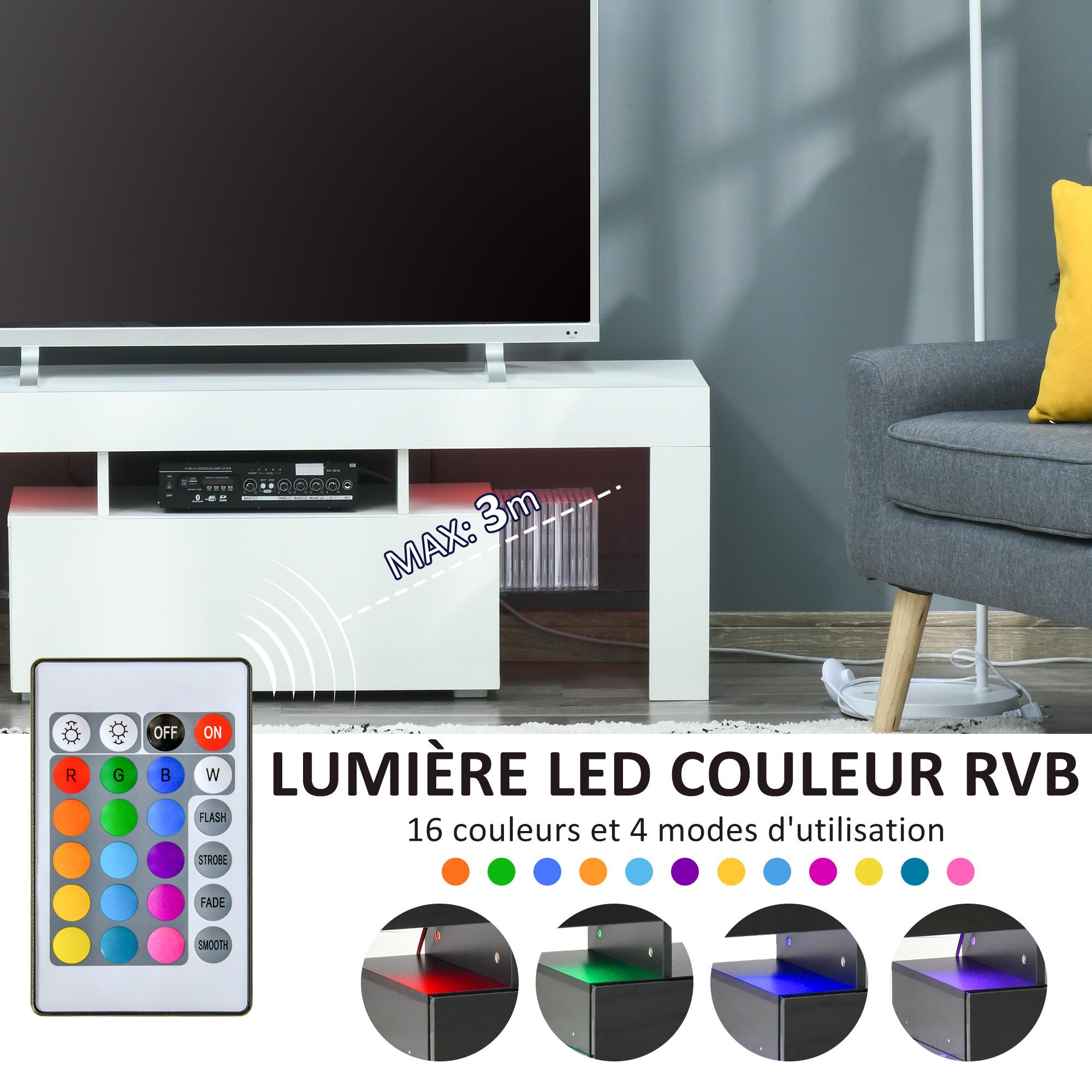 Meuble TV LED style contemporain - grand tiroir, niche, 2 étagères verre - panneaux particules MDF blanc laqué