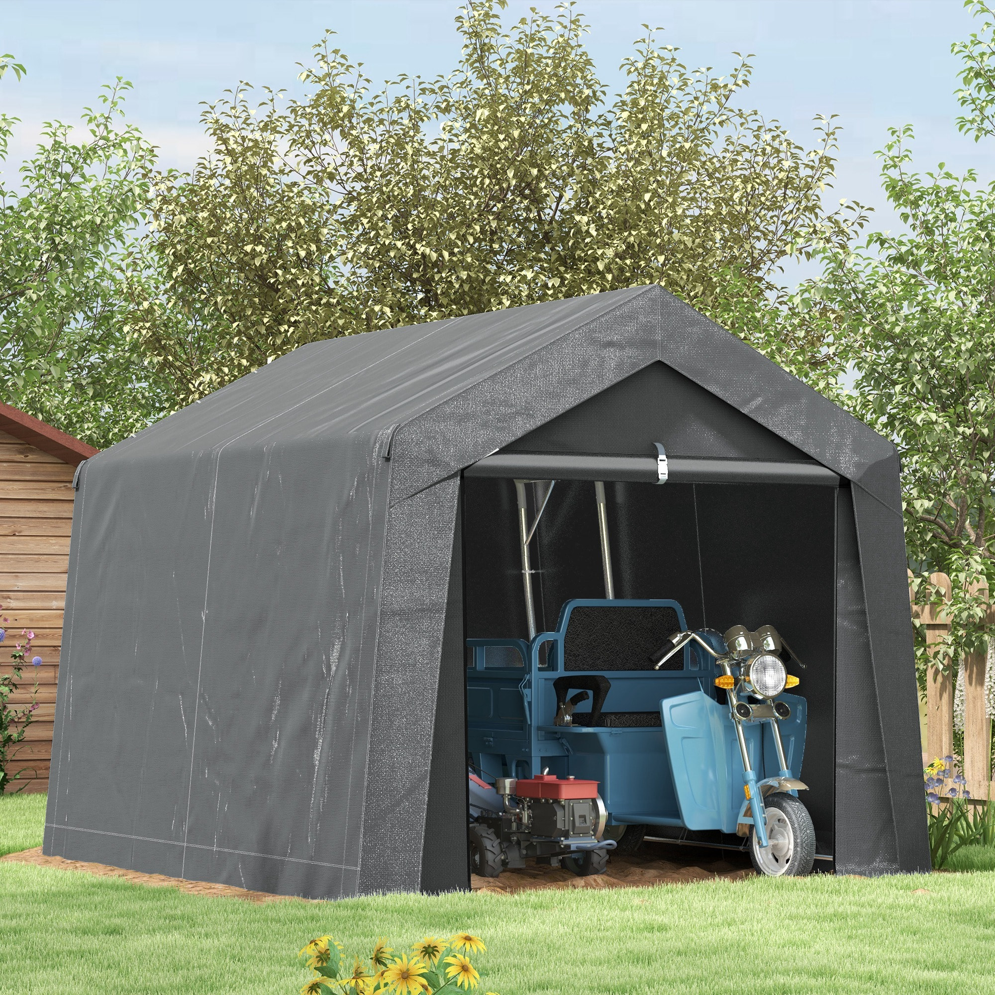 Abri de jardin, tente de stockage, 3 x 3 m, imperméable et anti-UV, cadre en acier galvanisé et grande porte, abri de vélo garage pour extérieur, gris foncé