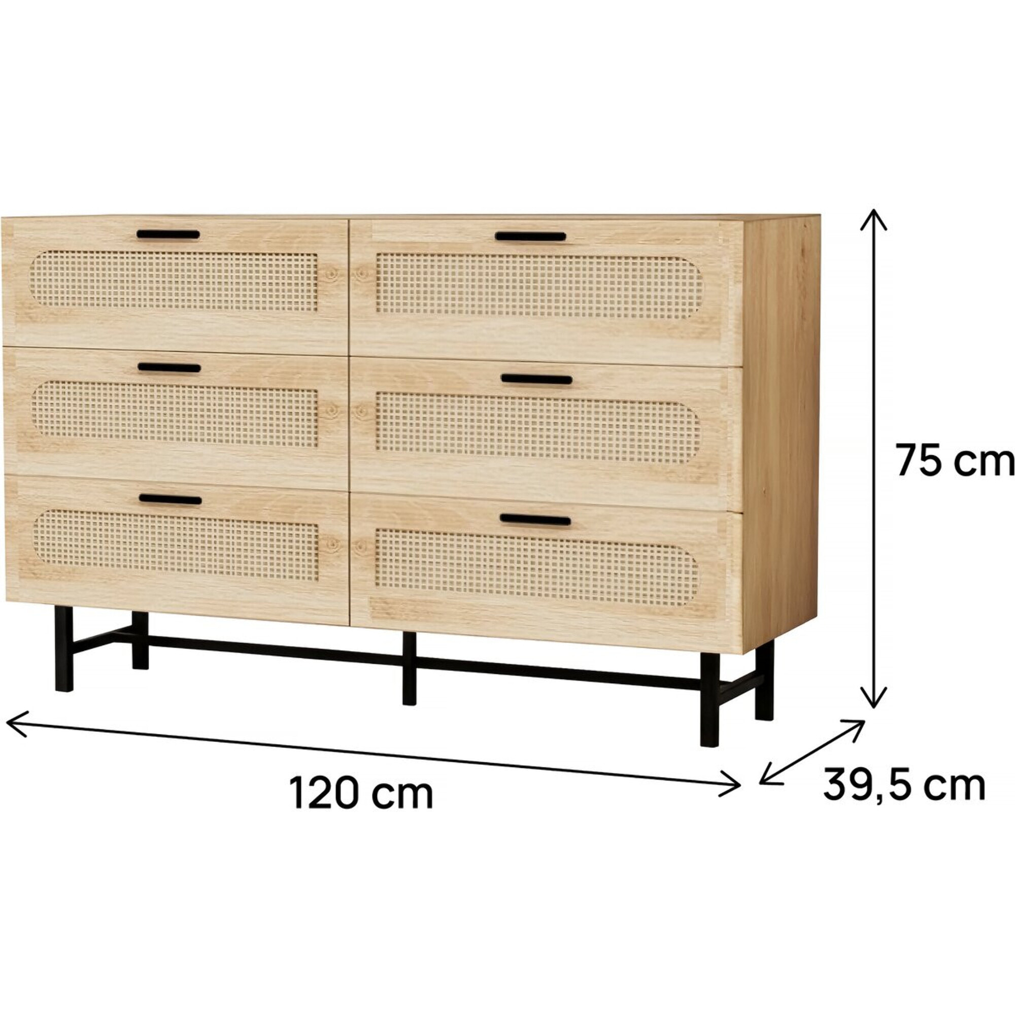 Commode en bois et cannage "Harrison" - 120 x 40 x 75 cm - Beige