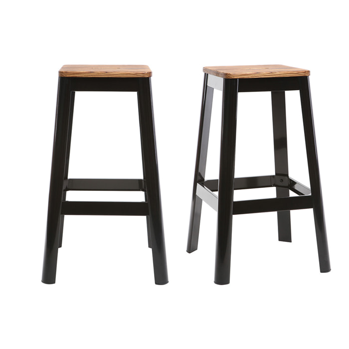 Tabourets de bar industriels en métal noir et bois H75 cm (lot de 2) NICK