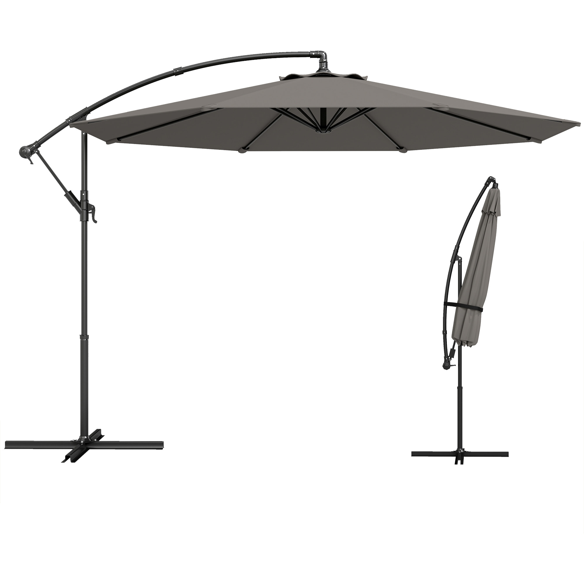Parasol Excéntrico, Ø300 cm, Sombrilla de Jardín con Base Cruzada, Toldo Ajustable, Manivela, 8 Barras, UPF30+, para Terraza, Patio, Exterior, Gris