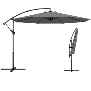 Parasol Excéntrico, Ø300 cm, Sombrilla de Jardín con Base Cruzada, Toldo Ajustable, Manivela, 8 Barras, UPF30+, para Terraza, Patio, Exterior, Gris