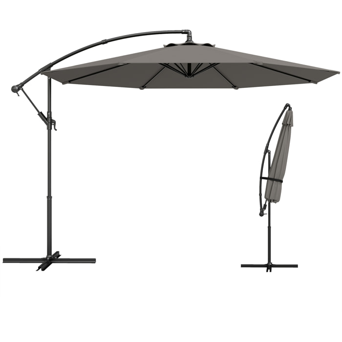 Parasol Excéntrico, Ø300 cm, Sombrilla de Jardín con Base Cruzada, Toldo Ajustable, Manivela, 8 Barras, UPF30+, para Terraza, Patio, Exterior, Gris